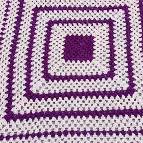 Vtg Afghan Granny Square Blanket 3’x5’  70s Crocheted Cottage Core Pink Purple - Picture 8 of 14